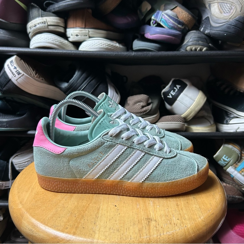 adidas Kids Suede Sneakers in Mint Green and Pink with Gum Sole